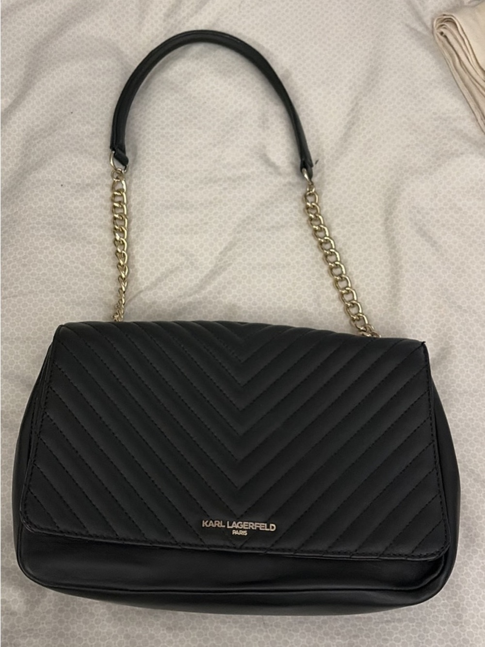 Karl Lagerfeld Black Quilted Shoulder Bag with Gold Chain Strap